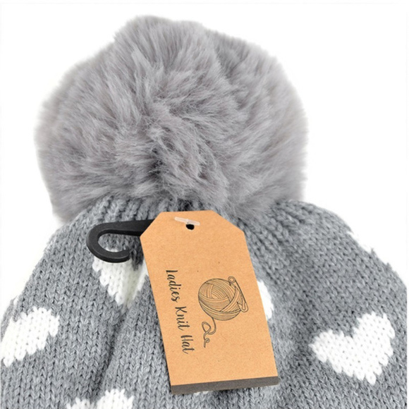 WOMEN'S GRAY HEARTS AND POM POM BEANIE HAT - Picture 3 of 5